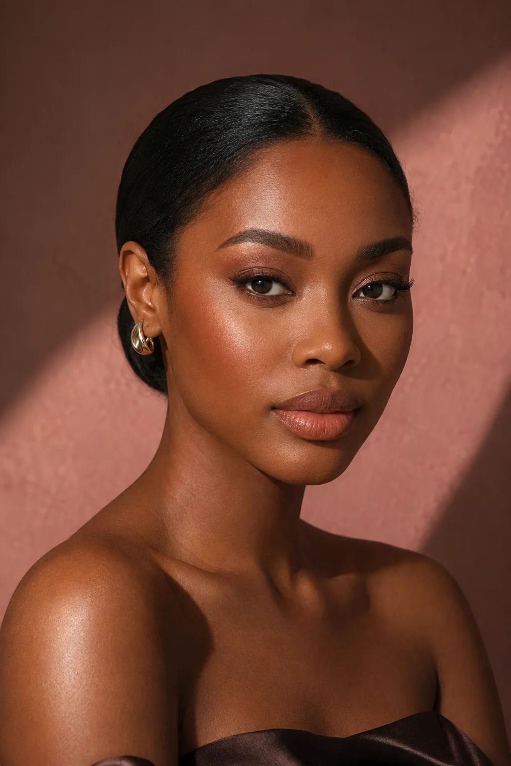 AI-generated concept portrait exploring softly sculpted makeup, warm tones and luminous skin.
